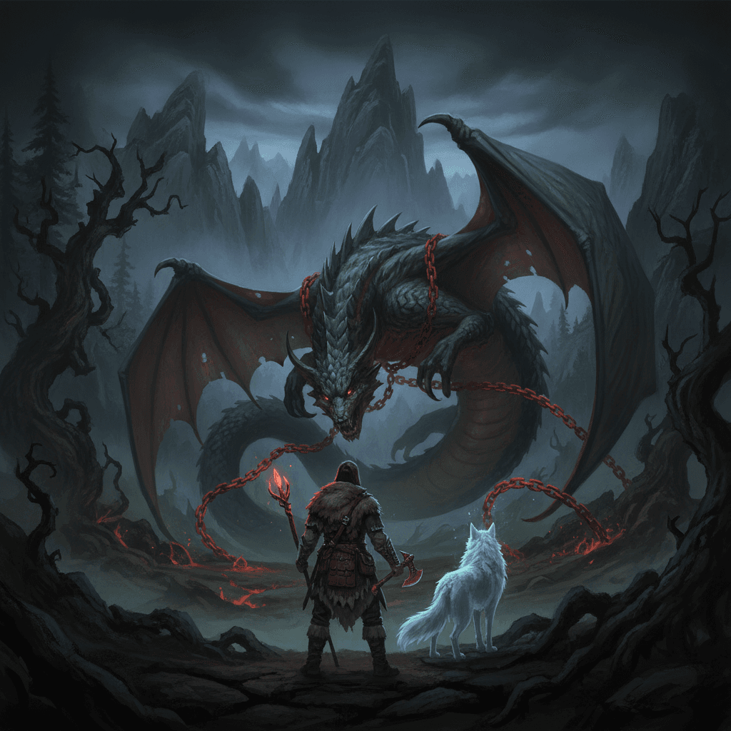 A lone warrior standing beside a vast antlered spirit beast in a storm-lit wilderness