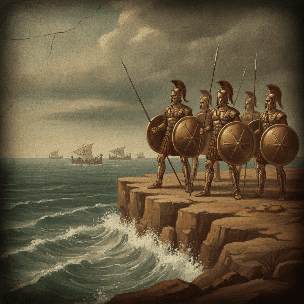 Two formations of bronze-armored hoplite warriors confronting one another beside the sea