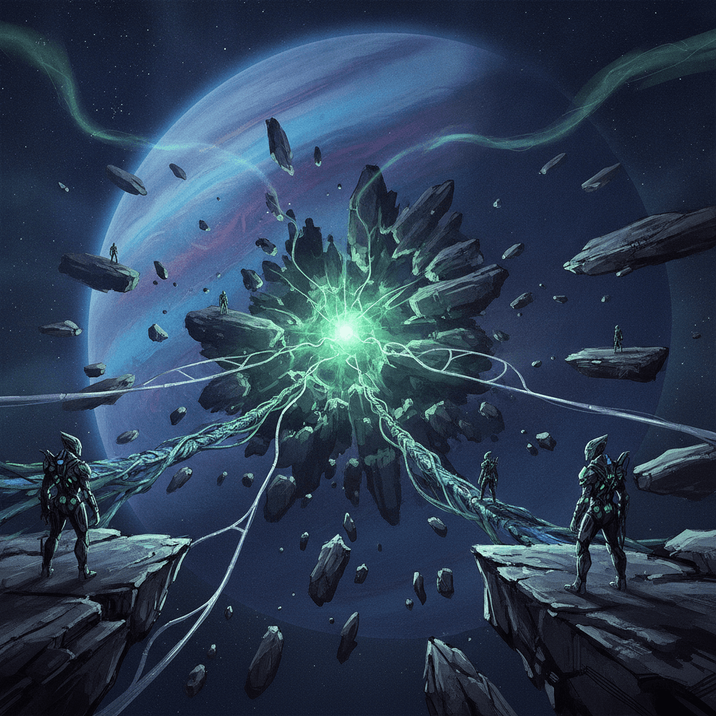 Nonhuman warriors watching luminous moon fragments suspended above an alien landscape