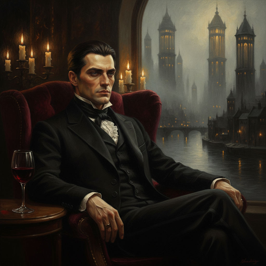 Lucien Sarkany, the ancient Prince of Saint-Cyr, seated in candlelight beside a glass of wine he will not drink.