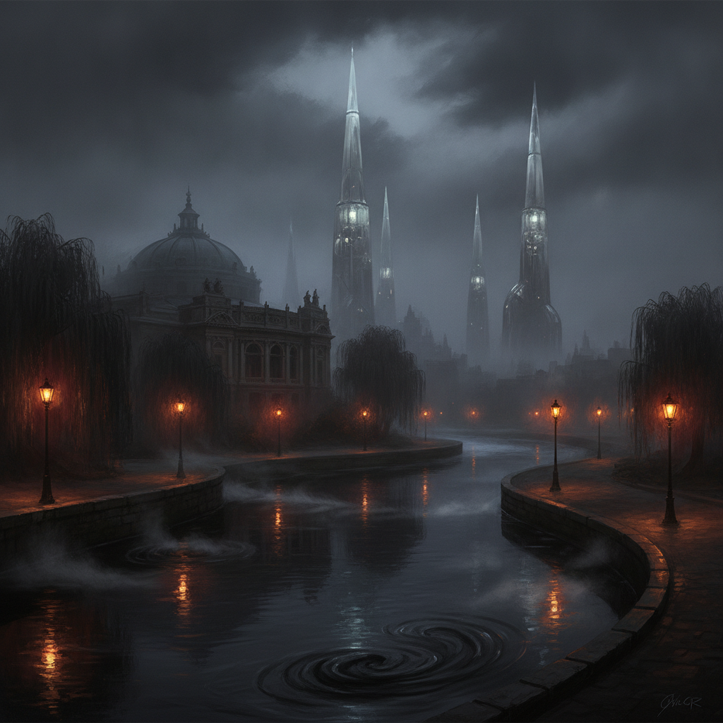 The fog-bound river city of Saint-Cyr at night, gas lamps along the embankment and glass towers rising through the mist.