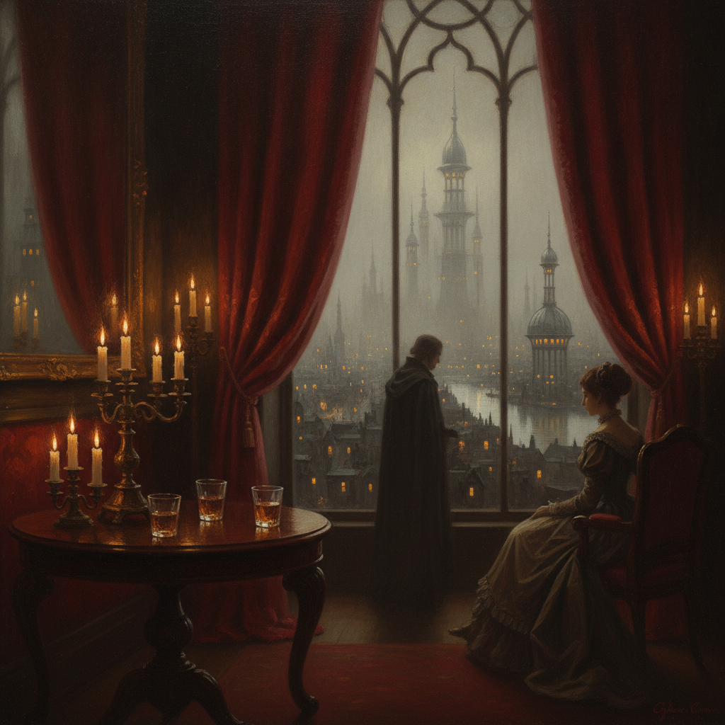 A candlelit salon in a Saint-Cyr mansion, two crystal glasses on a dark table, a figure at a tall window overlooking the foggy city.