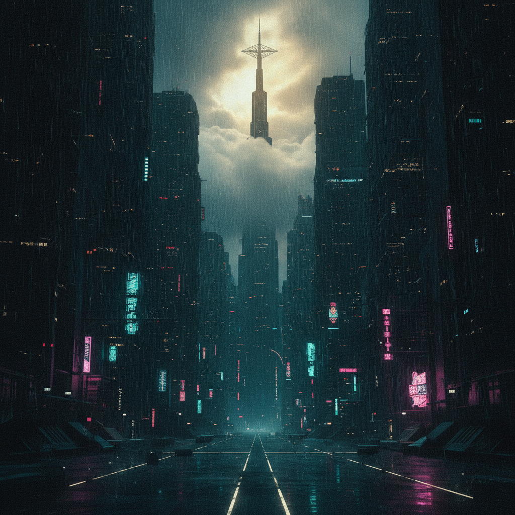 The Meridian Sprawl, a vertical drowned megacity under endless rain, neon smearing across wet towers with a corporate spire piercing the clouds.