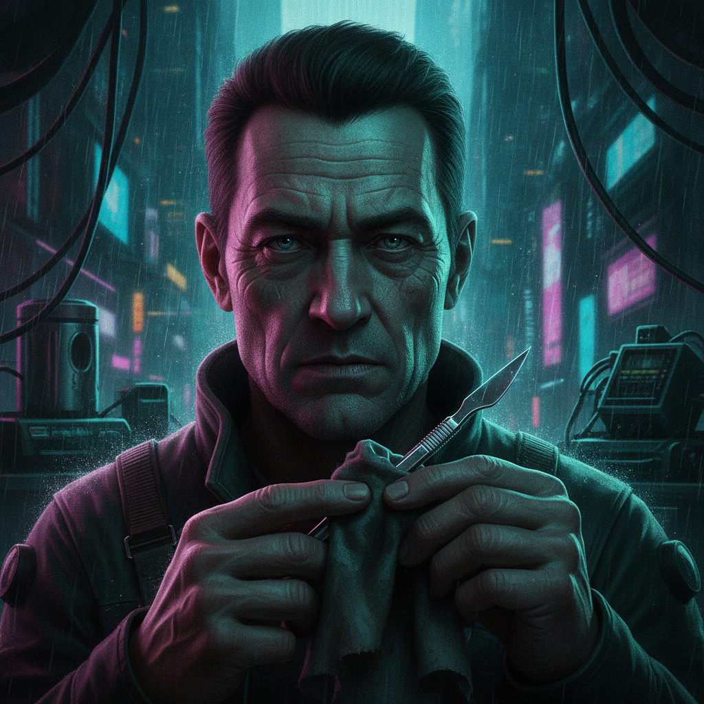Needle Sato, a weathered ripperdoc lit by surgical neon in a cramped Undertier clinic, wiping a scalpel on a dirty rag.