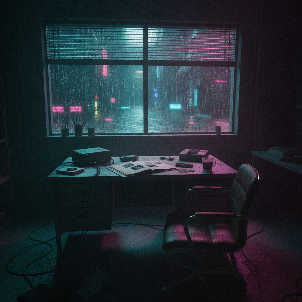 A private investigator's cramped office at night, a case file on a cluttered desk, rain streaking a wide window with neon cutting through the blinds.