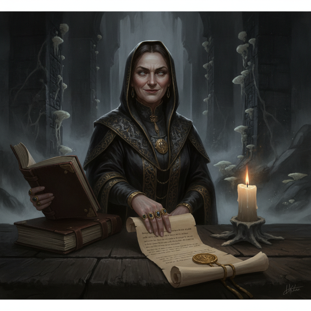 Madam Rhylla, chief assayer of the Coin Lords, sliding a contract across a candlelit table with a smile that does not reach her cold eyes.