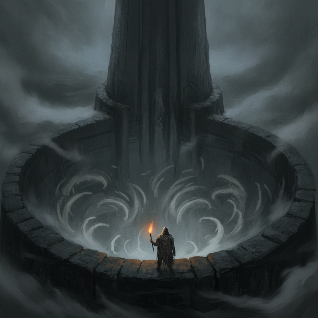 A lone delver holding a single torch at the lip of the Maw, the great dark mouth of the Spire descending into blackness with faint fungal glow far below.