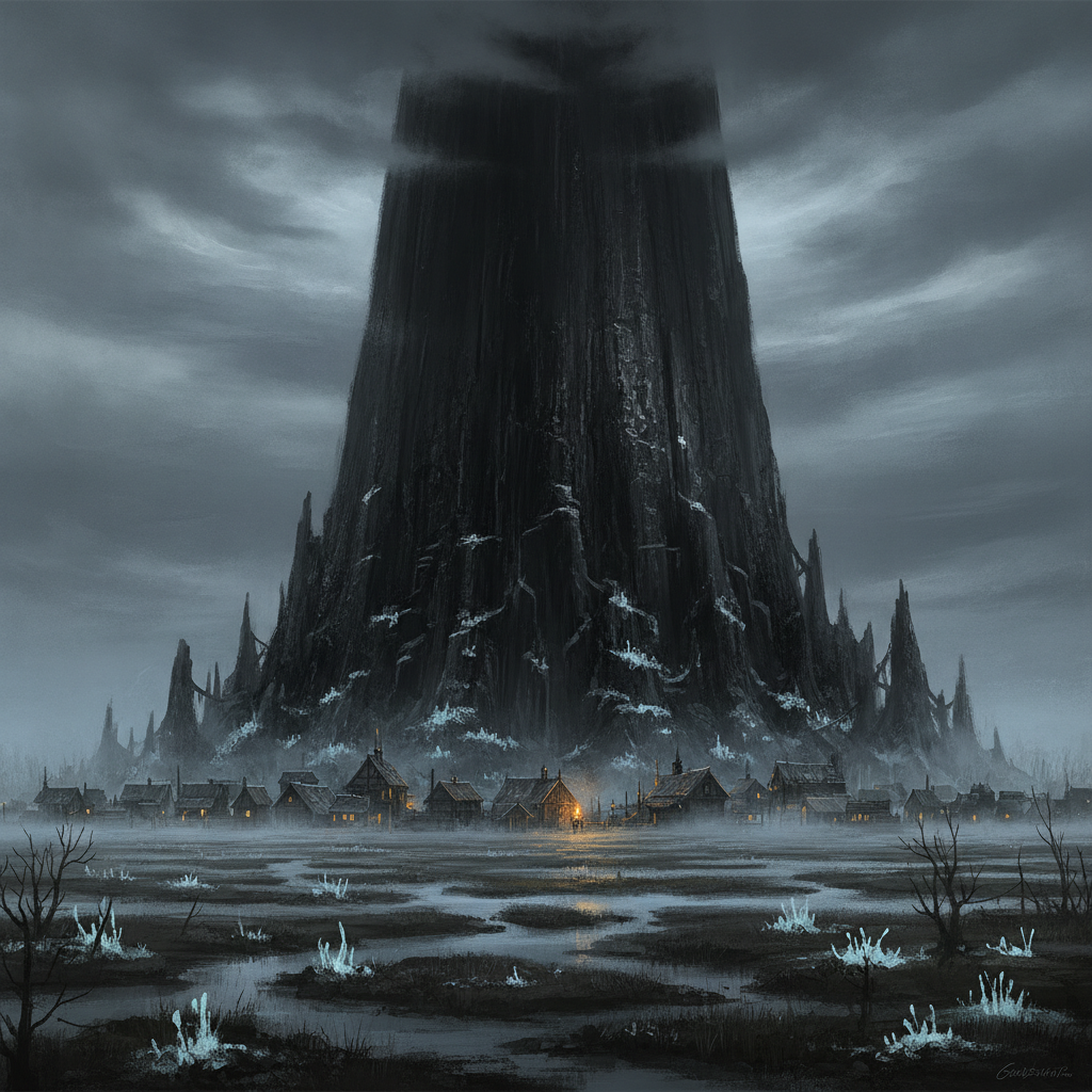 The Black Spire, a colossal tower of black stone with no visible top, rising into cloud above a misty marsh with the tiny rim-town of Gallows Reach at its foot.