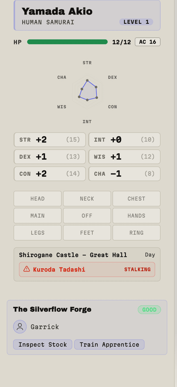 A character sheet with stats, equipment slots, and a nemesis marked stalking