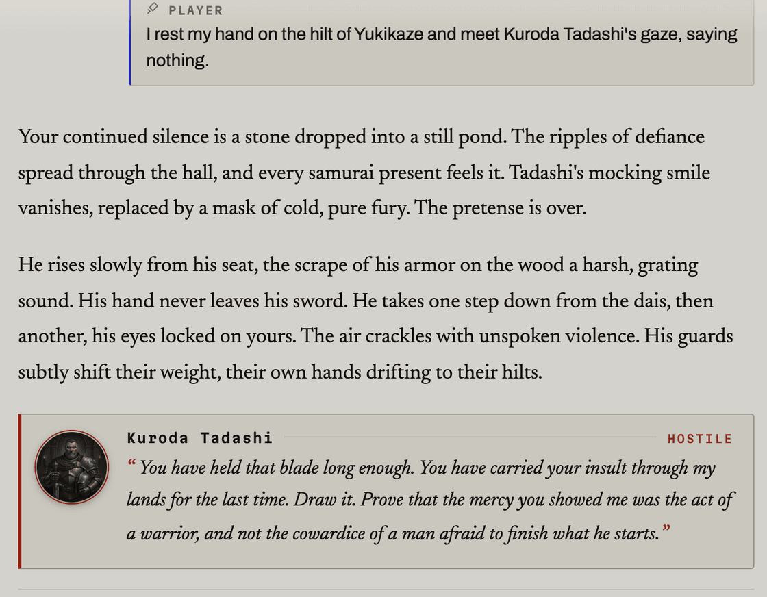 Narration in play, followed by a hostile character speaking to the player, marked HOSTILE