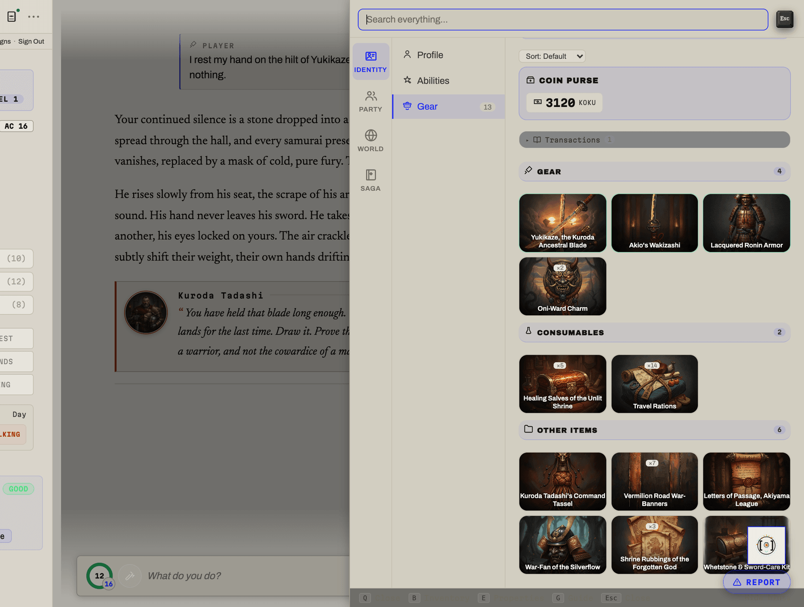 The inventory ledger with gear, consumables, and coin, all tracked