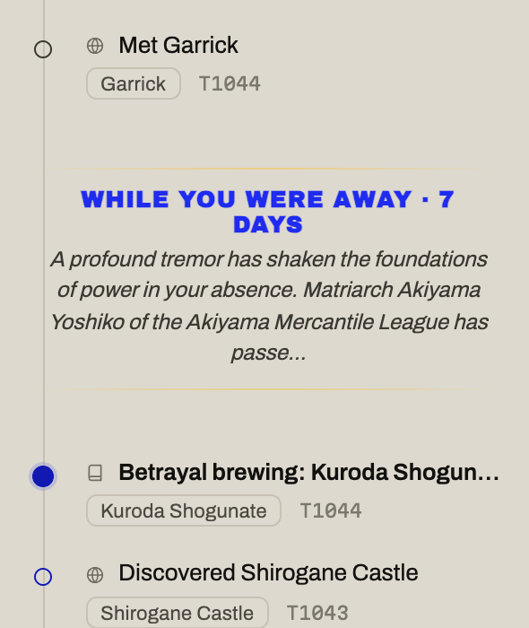 The world timeline showing a while-you-were-away briefing after time passed