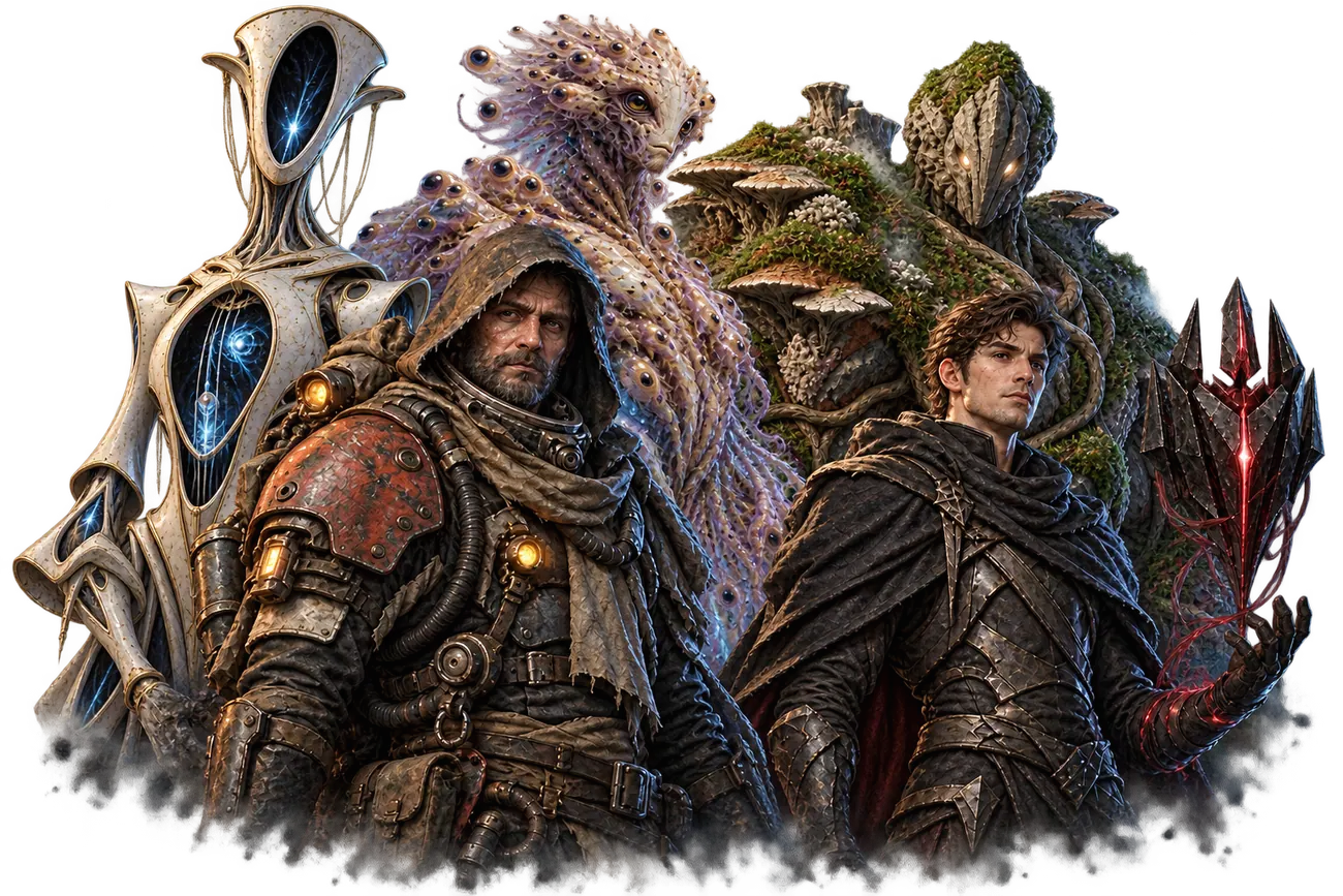 Five travellers of the Ossuary Reach: a Chorus voice, a Myriad, a Verdant garden-vessel, an Iron Pilgrim and a Crowned Bearer candidate