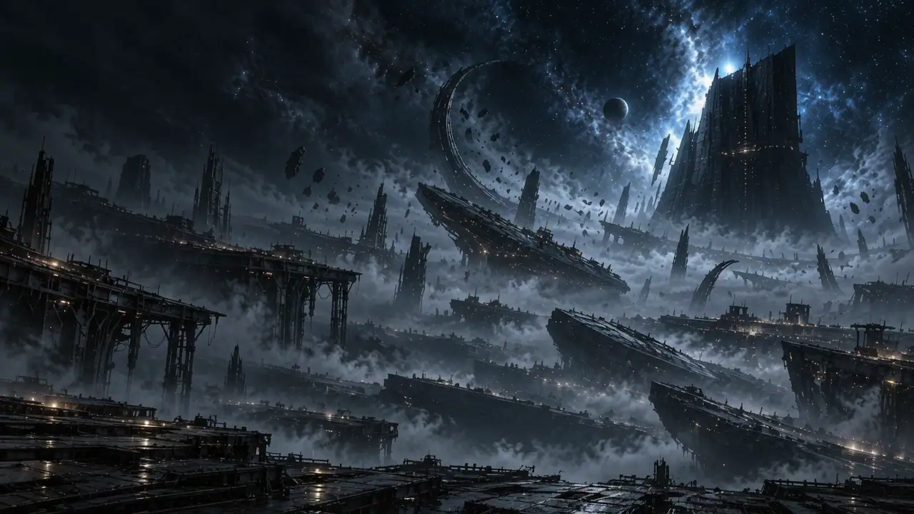 Wrecked ships and stations drifting through the Ossuary Reach, with the Lawgrave standing black against the stars
